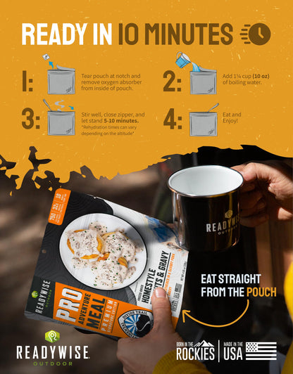 ReadyWise Outdoor Pro Adventure Meal - Country-Style Chicken Pot Pie, 2 Servings, 1 Pouch, 900 Calories, 30g Protein, Freeze Dried Food & Dehydrated Backpacking Camping Meals, up to 5 Year Shelf Life