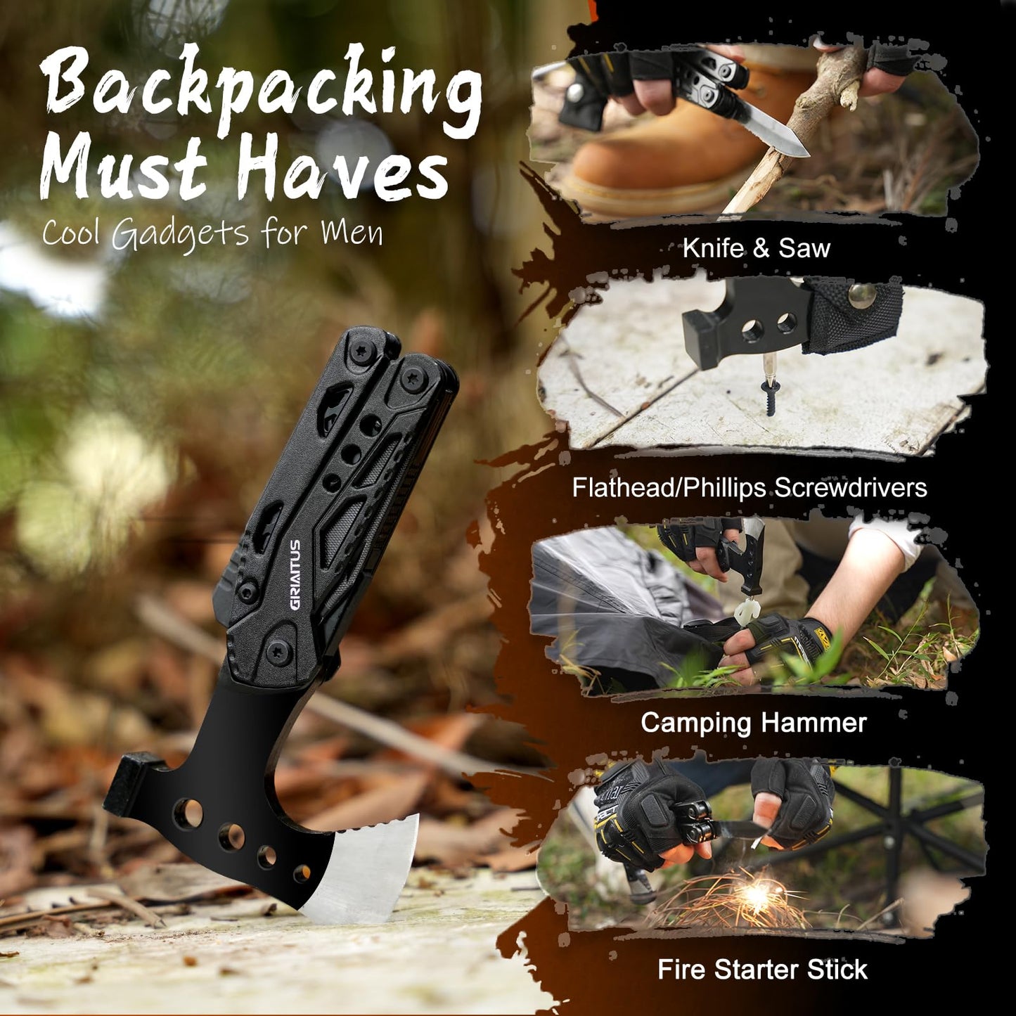 Camping Multitool Accessories Stocking Stuffers for Men 16 in 1 Multi Tool Survival Gear with Axe Hammer Pliers Saw Screwdrivers Bottle Opener Whistle with Sheath for Hiking, Gifts for Men Dad Him