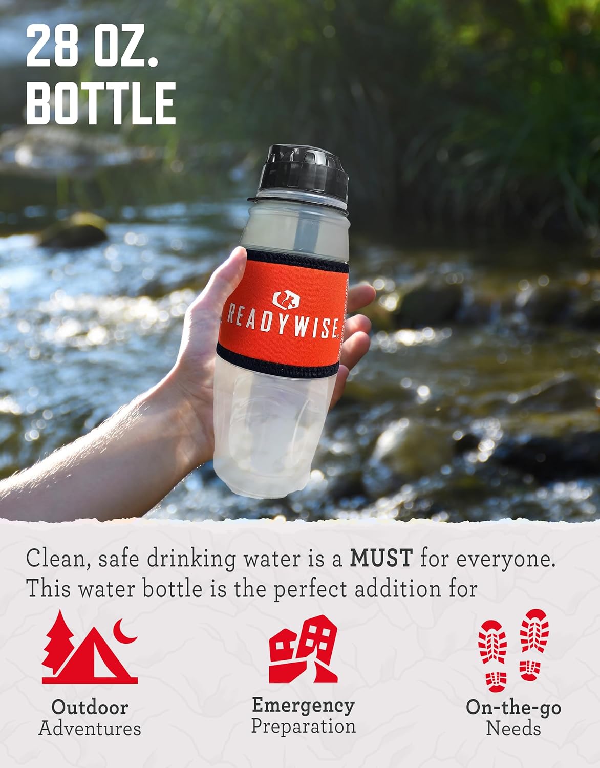 ReadyWise - 28 Oz, Seychelle Water Filtration Bottle, Hiking, Backpacking and, Camping Water Bottle, BPA-Free, Prepper Gear and Supplies, Gray/Black