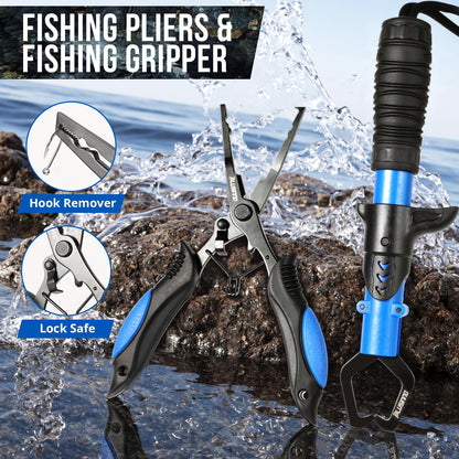 PLUSINNO Fishing Backpack with Tackle Boxes, Waterproof Fishing Sling Tackle Bag For Fishing Gear With Rod Holder, Fishing Gifts for Men With Fishing lures, Fishing pliers, Fish Lip Gripper.