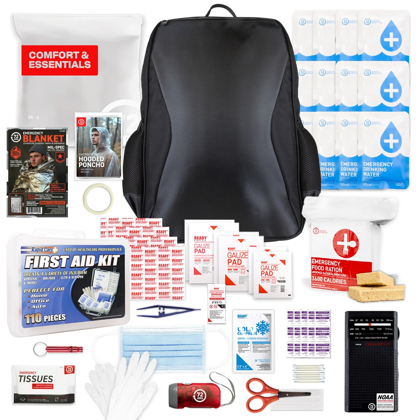 Earthquake Kit - 72 HRS Essential Emergency Survival Kit, Heavy Duty 72 Hour Bug Out Bag Survival Kit for Earthquake, Hurricane, Tsunami - Include Emergency First Aid Kit, Water, Food (Black 2P)