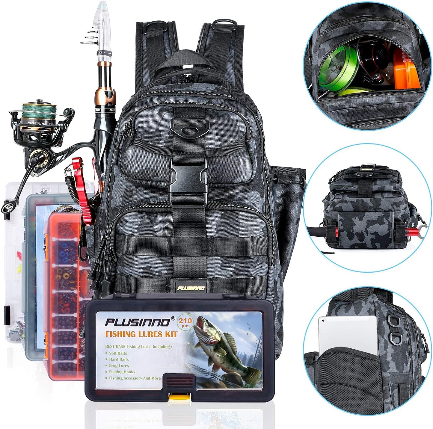 PLUSINNO Fishing Backpack with Tackle Boxes, Waterproof Fishing Sling Tackle Bag For Fishing Gear With Rod Holder, Fishing Gifts for Men With Fishing lures, Fishing pliers, Fish Lip Gripper.