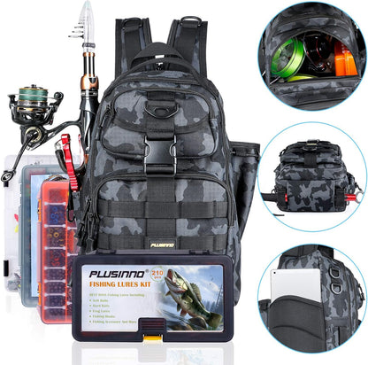 PLUSINNO Fishing Backpack with Tackle Boxes, Waterproof Fishing Sling Tackle Bag For Fishing Gear With Rod Holder, Fishing Gifts for Men With Fishing lures, Fishing pliers, Fish Lip Gripper.