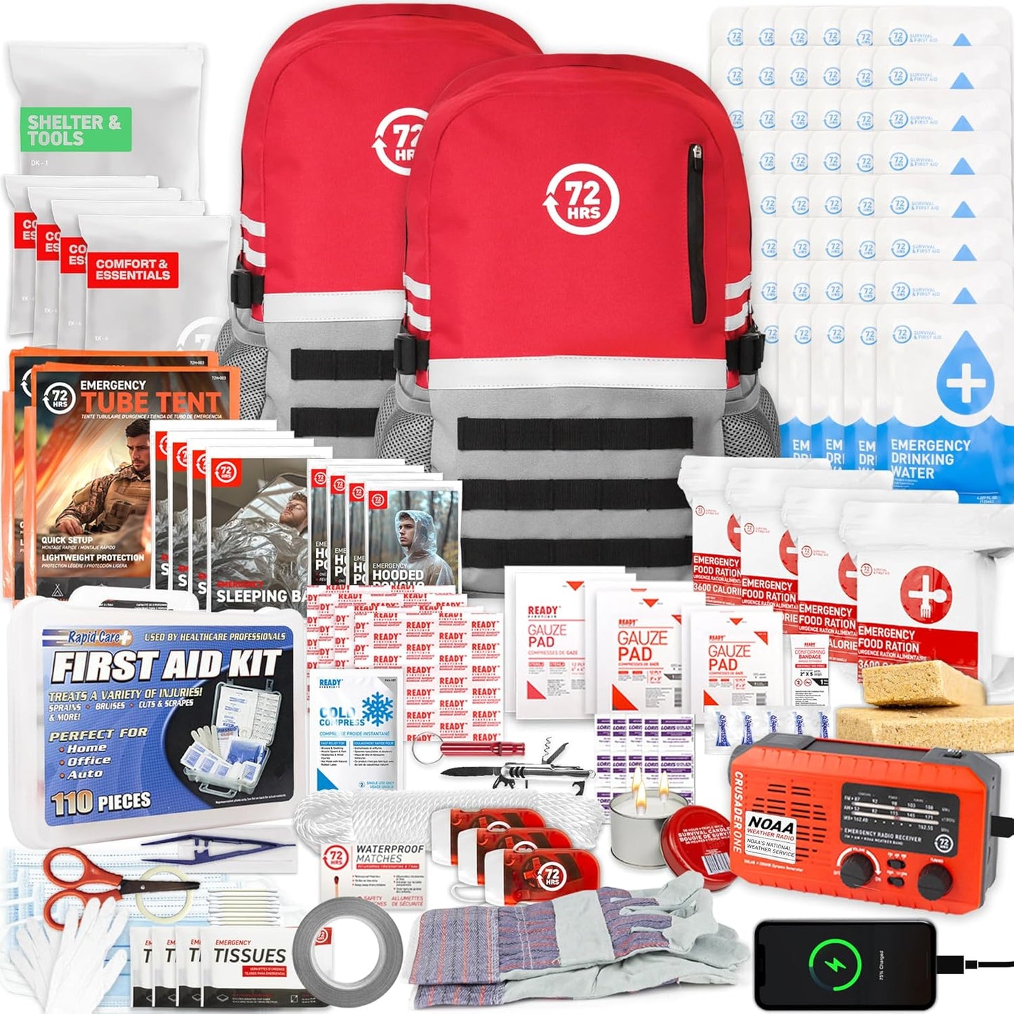 72 HRS Deluxe Emergency Survival Kit - Heavy Duty 72 Hour Bag Survival Kit for Earthquake, Hurricane, Tsunami, Winter, Blackout - Includes Emergency First Aid Kit, Water, Food
