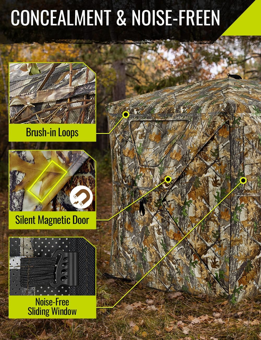 TIDEWE Hunting Blind 270°Full See Through with Windproof Curtain, Silent Magnetic Door & Sliding Windows, 2-3 Person Pop Up Ground Blind with Carrying Bag, 300D Portable Tent