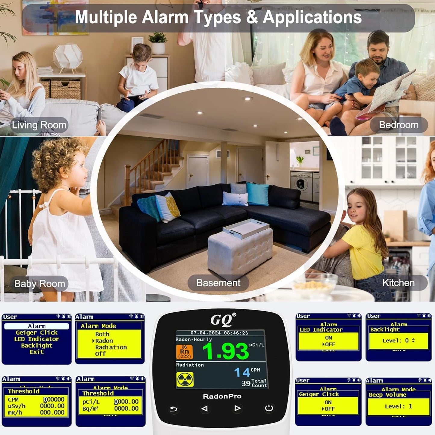 GQ Radon Pro 2-in-1 Radon and Nuclear Radiation Detector | Geiger Counter | Fast, Accurate Detection | Simple Color Display | USA Product | Real-time Data App | Data Sharing