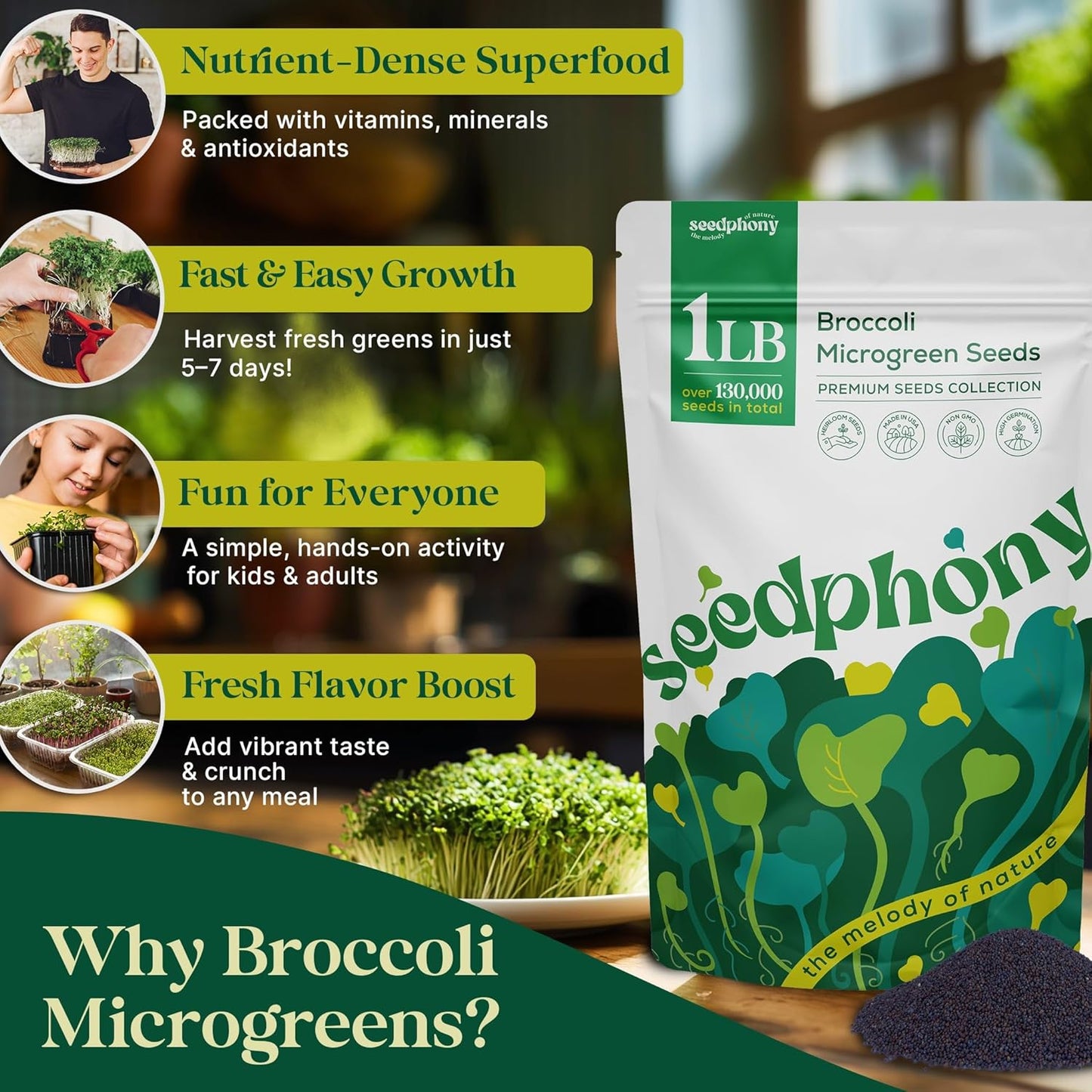 Broccoli Sprouting & Microgreens Seeds - 130,000 Non-GMO Heirloom Seed, 1lb Resealable Bag - High-Germination Broccoli Seeds for Sprouting in Jars, Soil, Hydroponics & Microgreen Trays