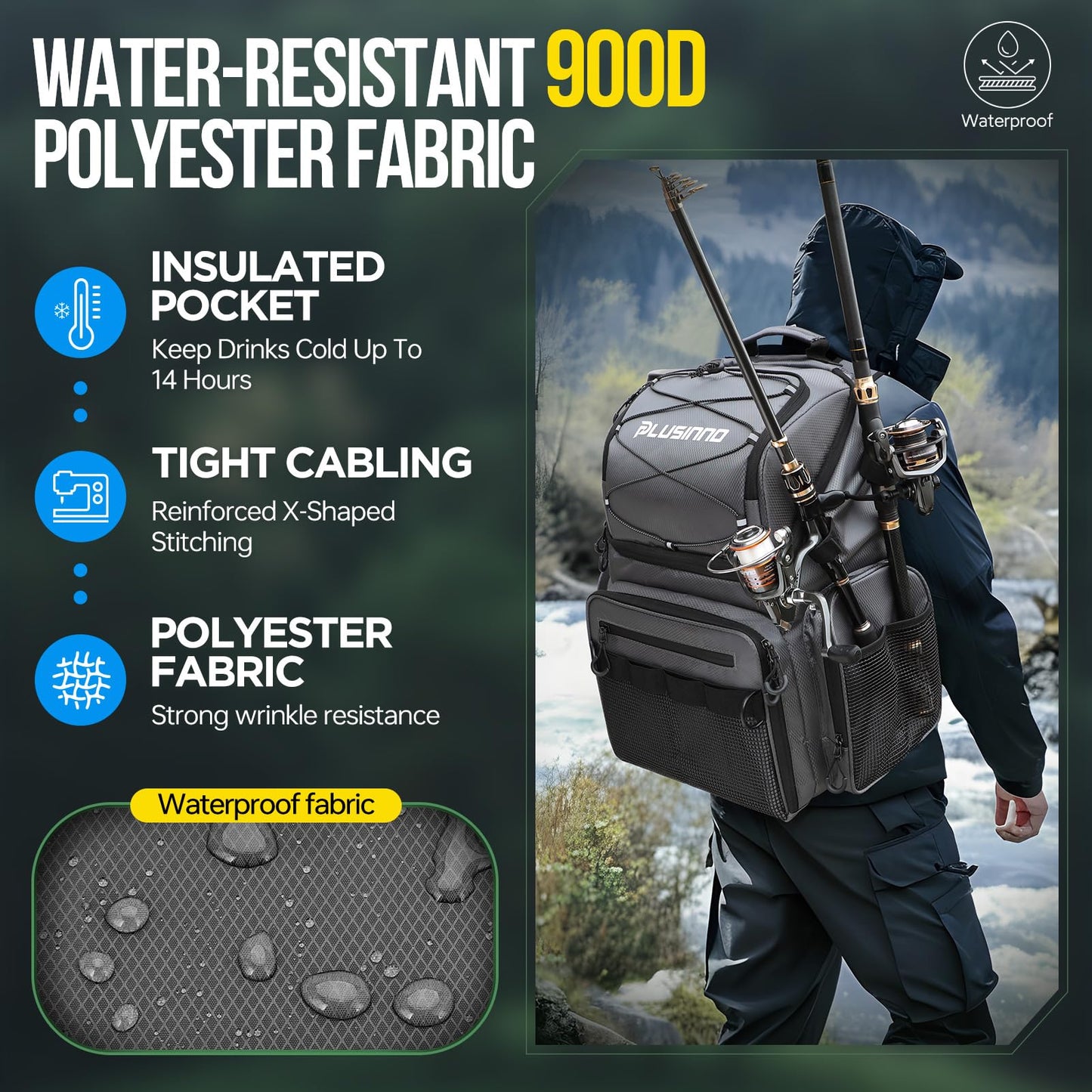 PLUSINNO Cooler Fishing Backpack with Rod Holders 45L Large Water-resistant Fishing Tackle bag Store Fishing Gear Fishing Gifts for Men Father, Sport Bags