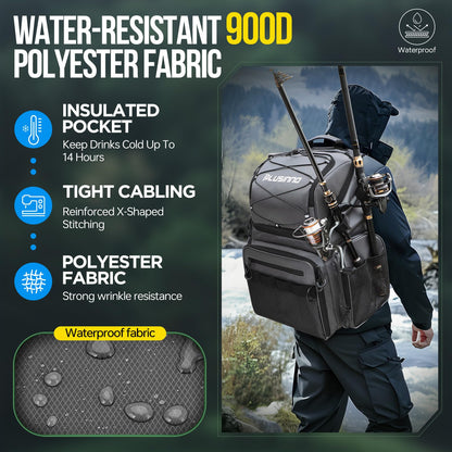 PLUSINNO Cooler Fishing Backpack with Rod Holders 45L Large Water-resistant Fishing Tackle bag Store Fishing Gear Fishing Gifts for Men Father, Sport Bags
