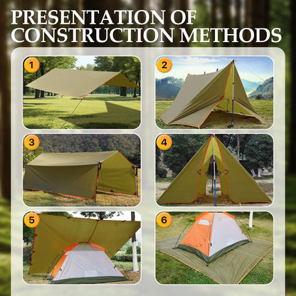 Camping Tarp Tent Portable Multifunctional Bushcraft Backpacking Tear-Resistant Fabric Rain Fly Tarps Awning Shelter Lightweight Waterproof Tarp(10×10 tarp)
