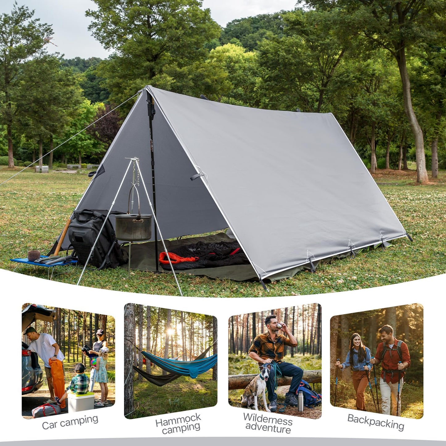 Camping Tarp Tent Portable Multifunctional Bushcraft Backpacking Tear-Resistant Fabric Rain Fly Tarps Awning Shelter Lightweight Waterproof Tarp(10×10 tarp)