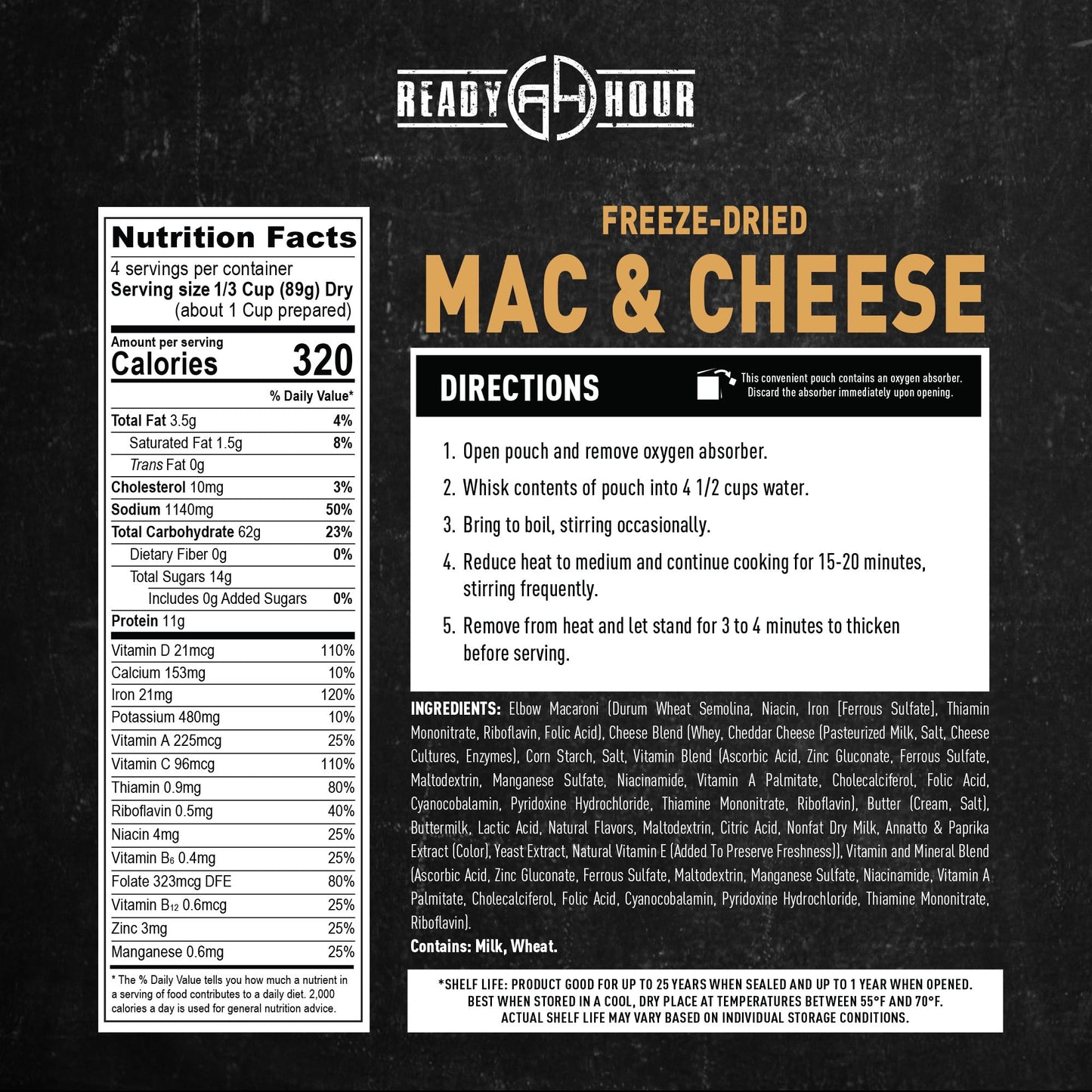 Ready Hour Mac and Cheese Case Pack (24 Servings), Freeze-Dried, Mac and Cheese Bulk, Survival Emergency and Real Non-Perishable Food, Long-Term Storage Food, 25-Year Shelf Life