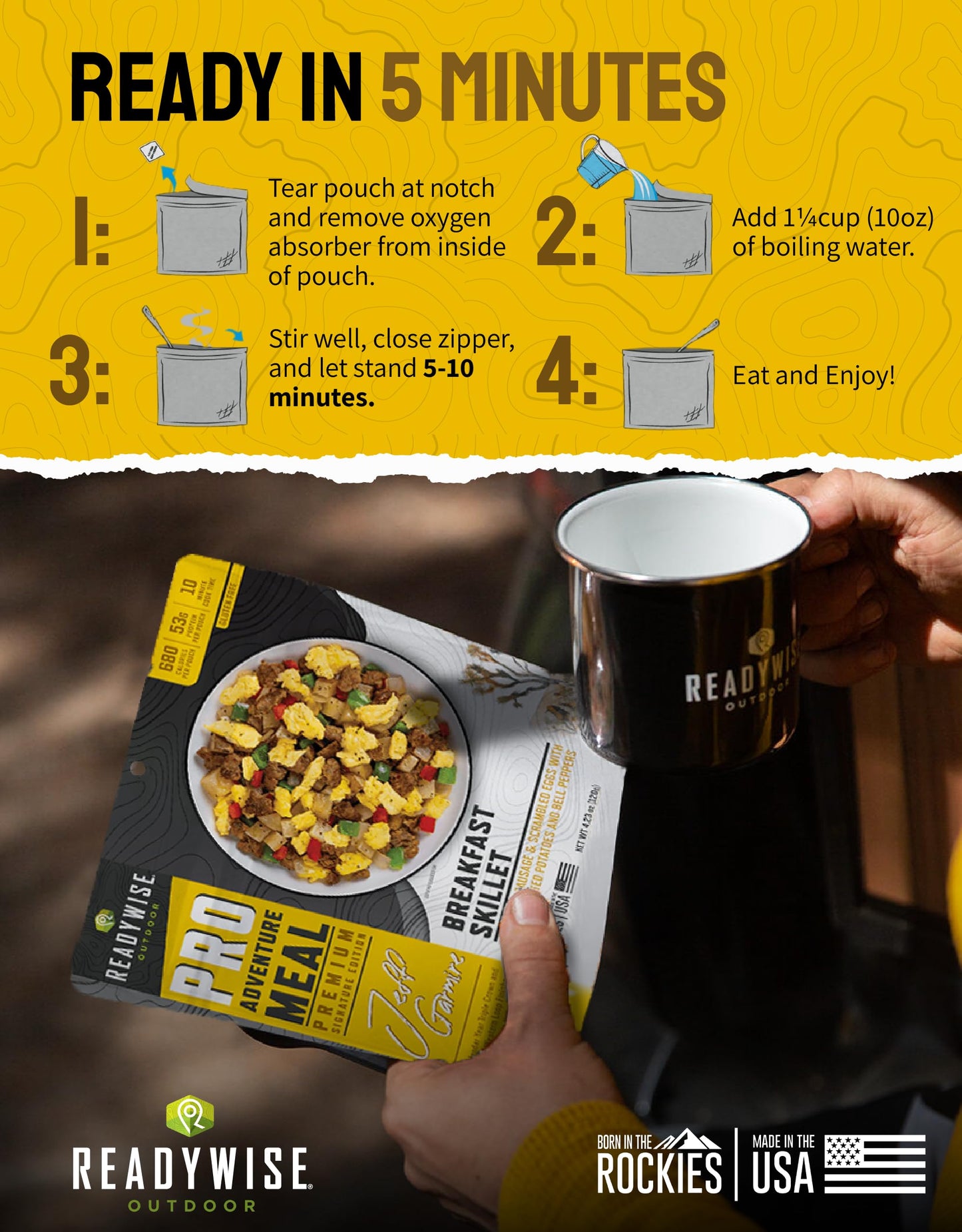 ReadyWise Outdoor Pro Adventure Meal - Breakfast Skillet, 2 Servings, 1 Pouch, Gluten Free, 700 Calories, 36g Protein, Freeze Dried Food & Dehydrated Backpacking Camping Meals, up to 5 Year Shelf Life