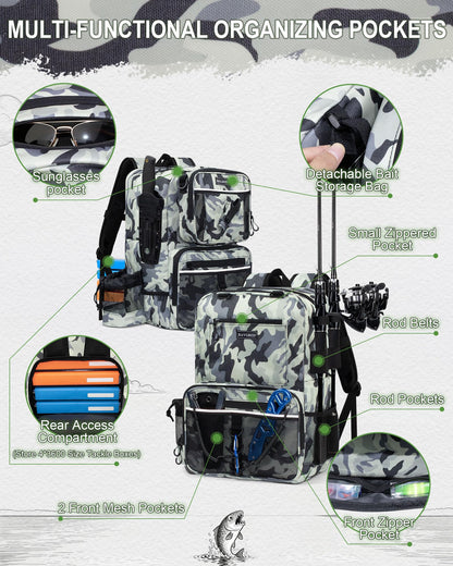 BAVGRED Fishing Backpack with Removable Bait Binder, Large Water Resistant Tackle Bag Storage Gear and Equipment for Fishing, Camping, Hiking, Grey