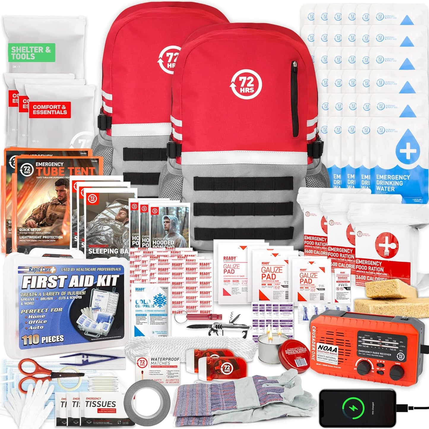 72 HRS Deluxe Emergency Survival Kit - Heavy Duty 72 Hour Bag Survival Kit for Earthquake, Hurricane, Tsunami, Winter, Blackout - Includes Emergency First Aid Kit, Water, Food