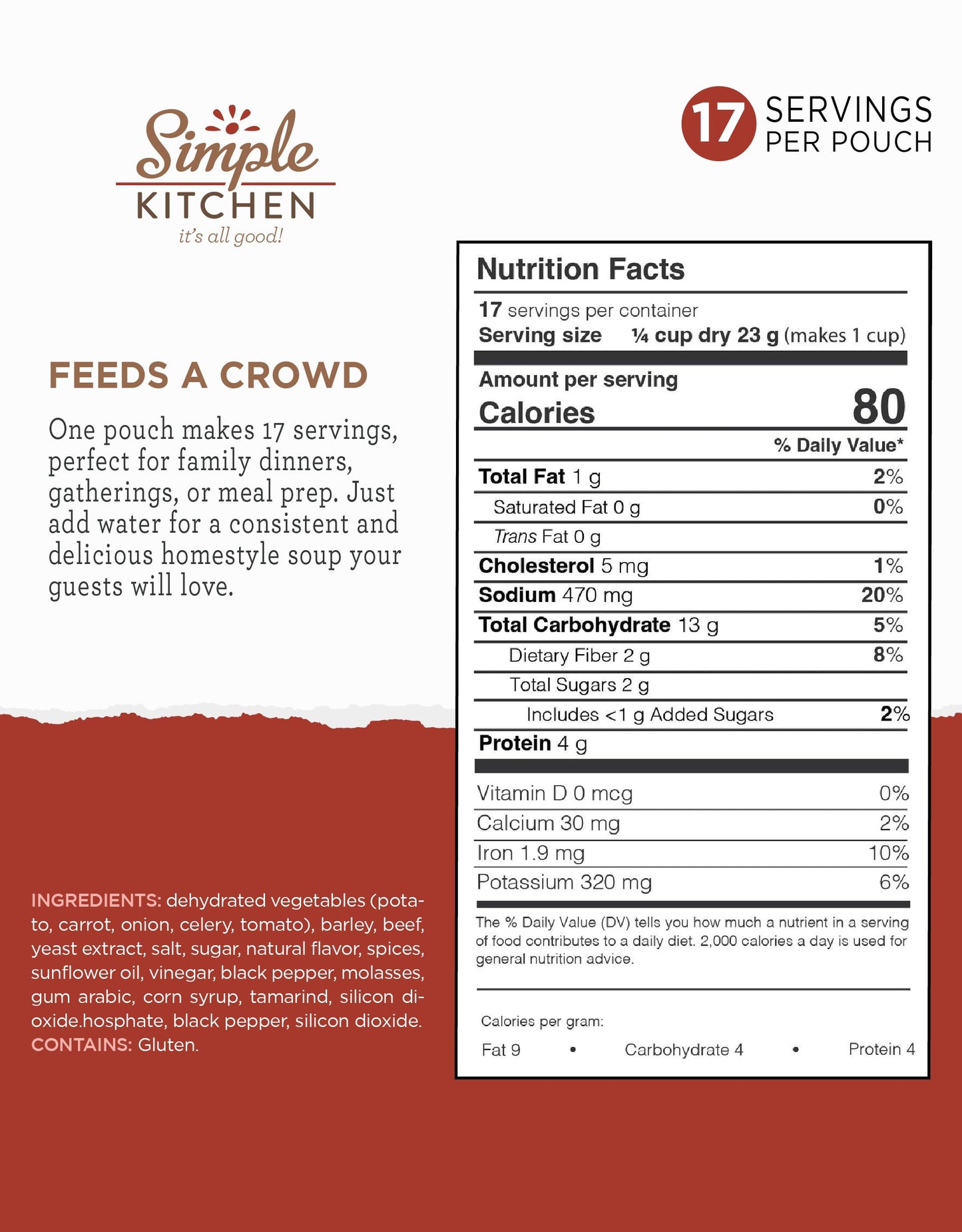 Simple Kitchen Garden Vegetable Soup Mix - 17 Servings for Meal Prep, Gluten Free, Vegetarian, Dehydrated & Freeze Dried Survival Food for Camping Meals, Backpacking & Hiking, Survival Kit, Pack of 4