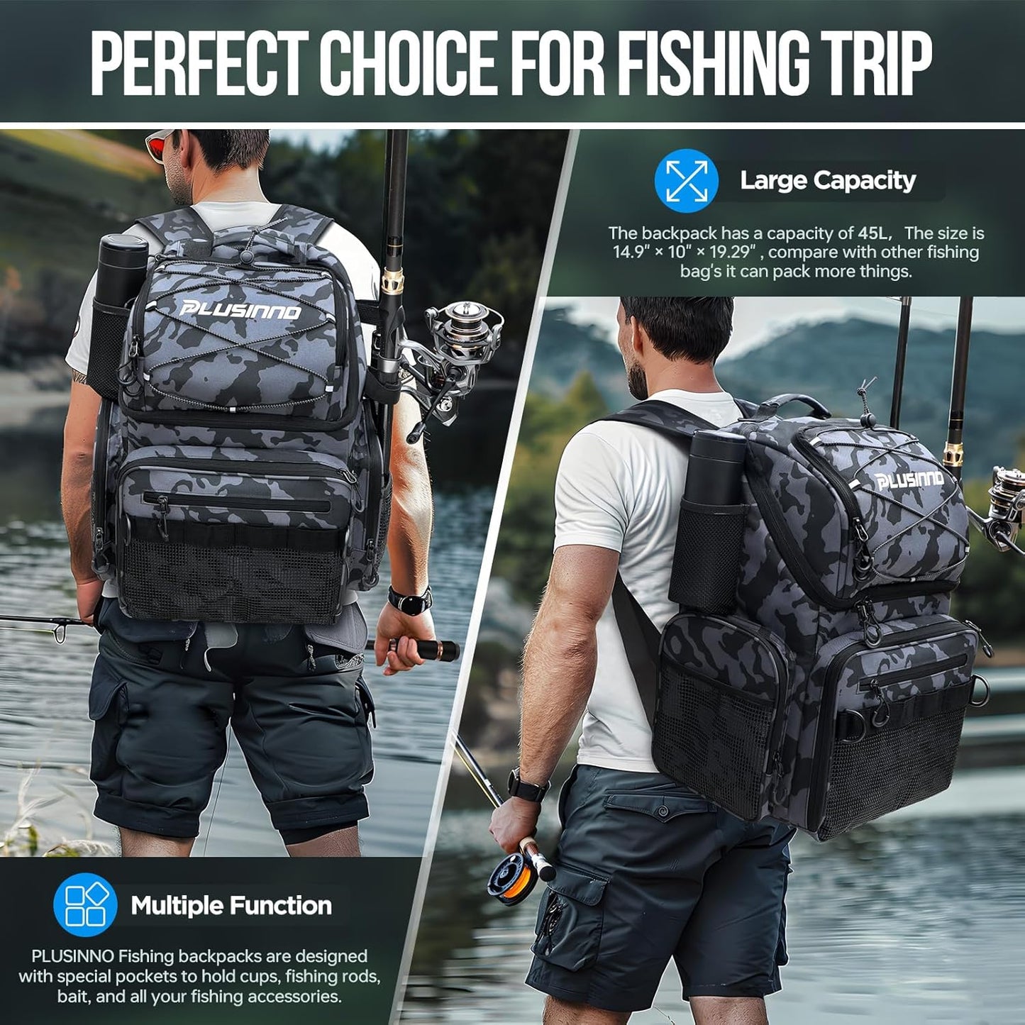 PLUSINNO H5 Horizontal Fishing Rod/Pole Holders for Garage, 45L With Fishing Backpack