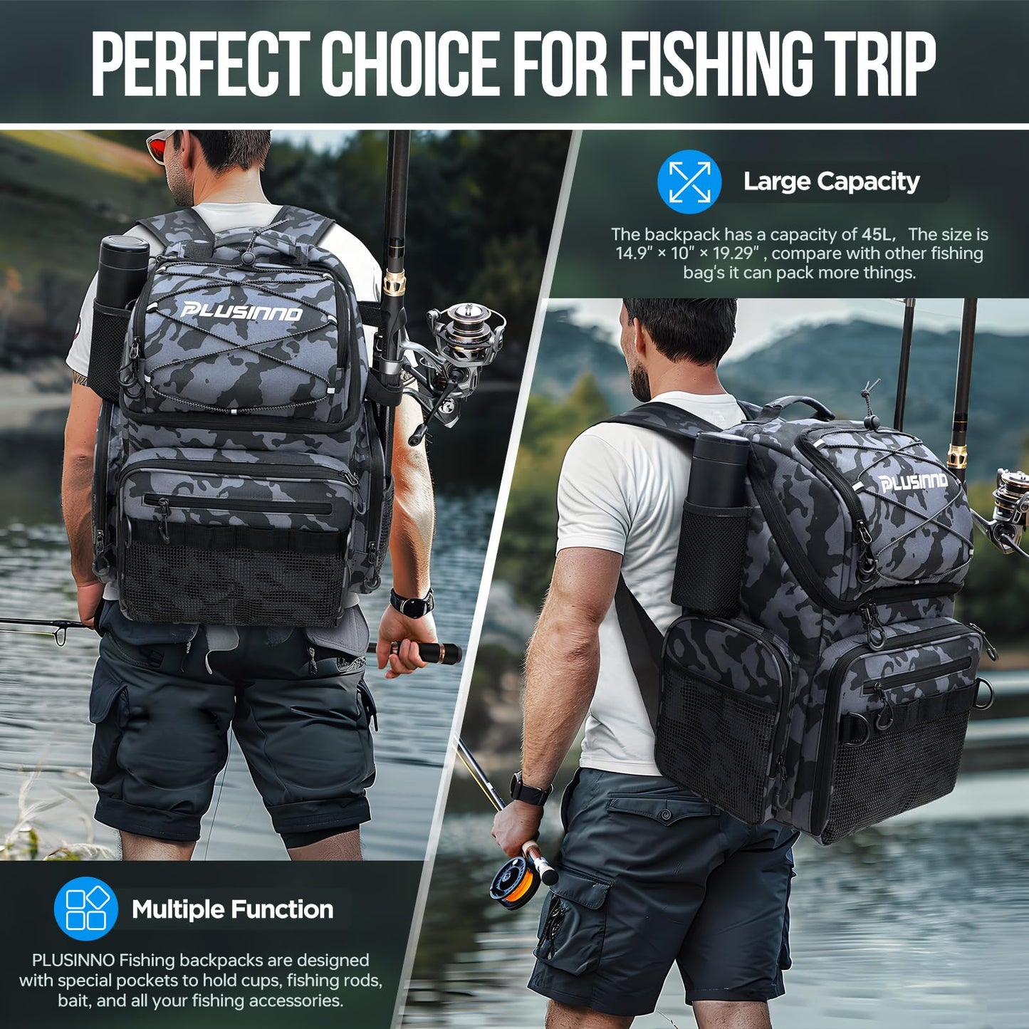 PLUSINNO Cooler Fishing Backpack with Rod Holders 45L Large Water-resistant Fishing Tackle bag Store Fishing Gear Fishing Gifts for Men Father, Sport Bags
