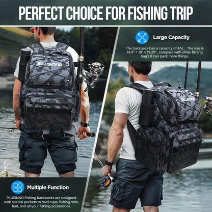 PLUSINNO Cooler Fishing Backpack with Rod Holders 45L Large Water-resistant Fishing Tackle bag Store Fishing Gear Fishing Gifts for Men Father, Sport Bags