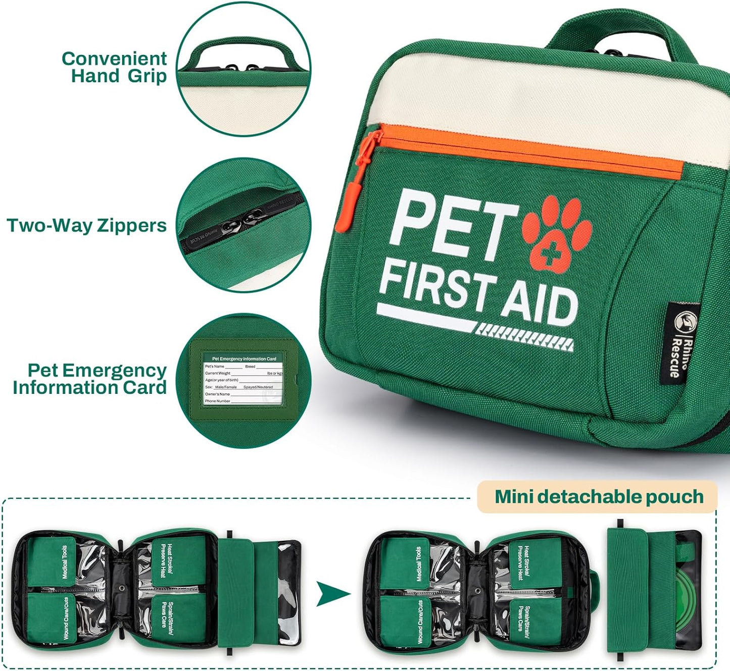 RHINO RESCUE bundle-Pet First Aid Kit, Emergency Medical Supplies for Dogs & Cats, Safety Essentials Pack with Thermometer+