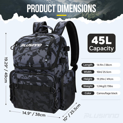 PLUSINNO Cooler Fishing Backpack with Rod Holders 45L Large Water-resistant Fishing Tackle bag Store Fishing Gear Fishing Gifts for Men Father, Sport Bags