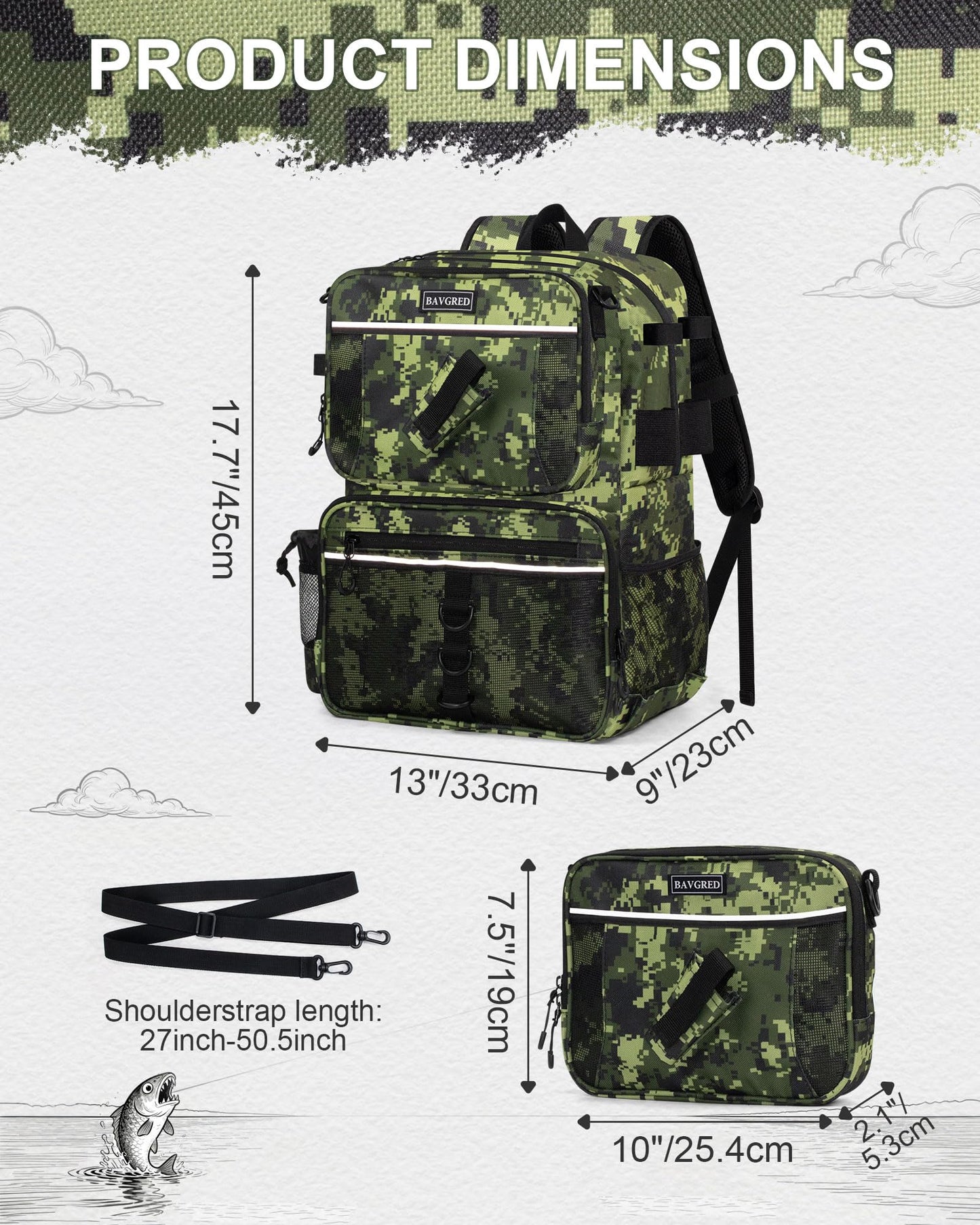 BAVGRED Fishing Backpack with Removable Bait Binder, Large Water Resistant Tackle Bag Storage Gear and Equipment for Fishing, Camping, Hiking, Grey