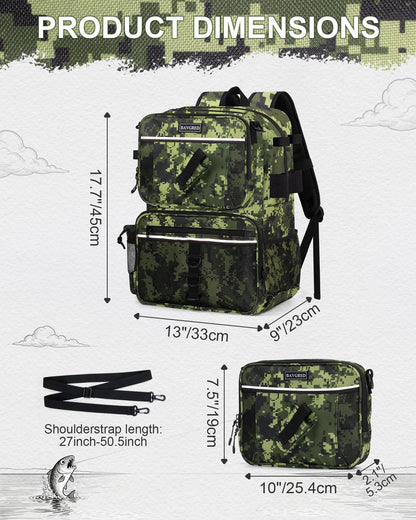 BAVGRED Fishing Backpack with Removable Bait Binder, Large Water Resistant Tackle Bag Storage Gear and Equipment for Fishing, Camping, Hiking, Grey