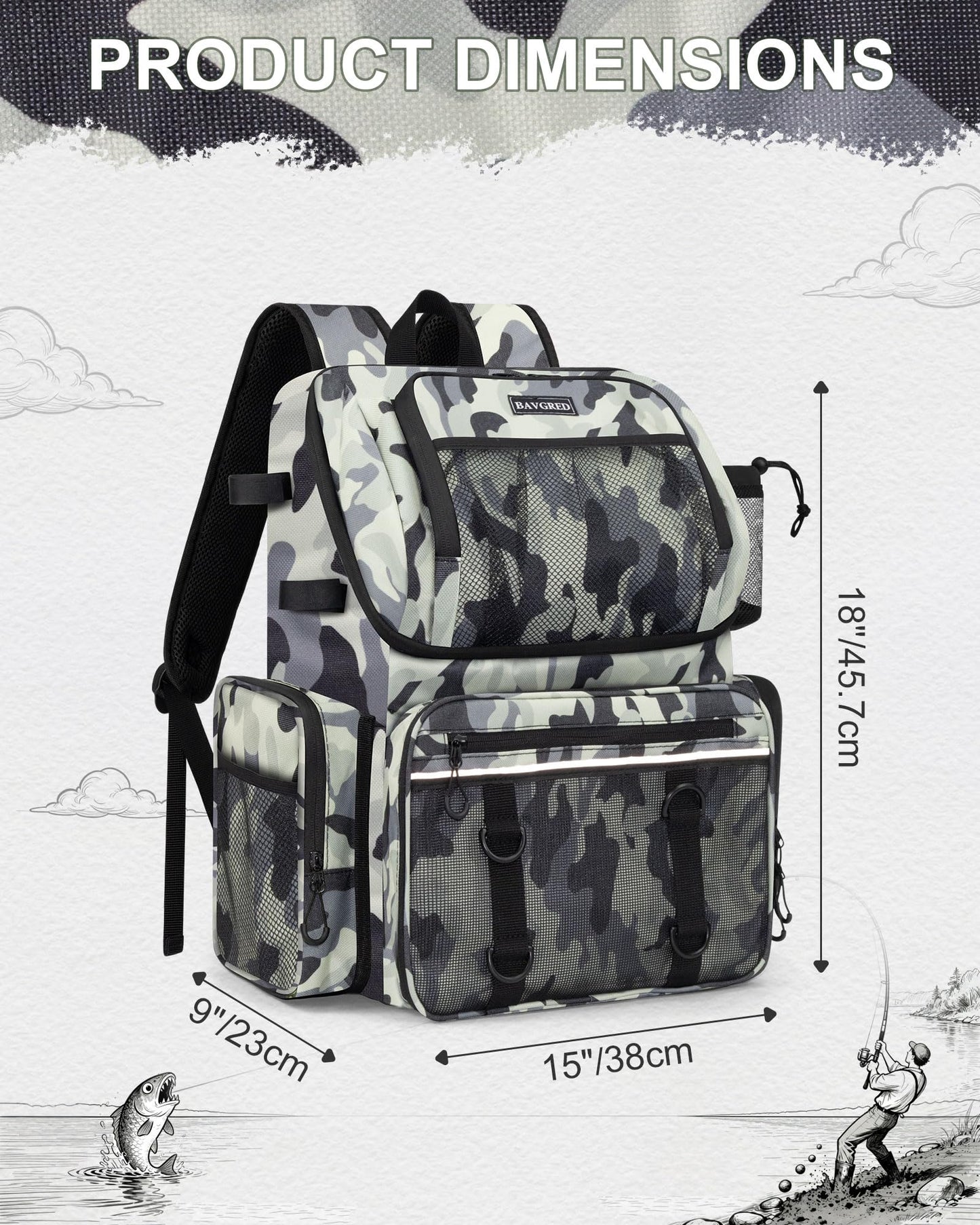 BAVGRED Fishing Backpack, Large Water Resistant Tackle Bag Storage Fishing Gear and Equipment, Built-in Cooler Compartment Grey