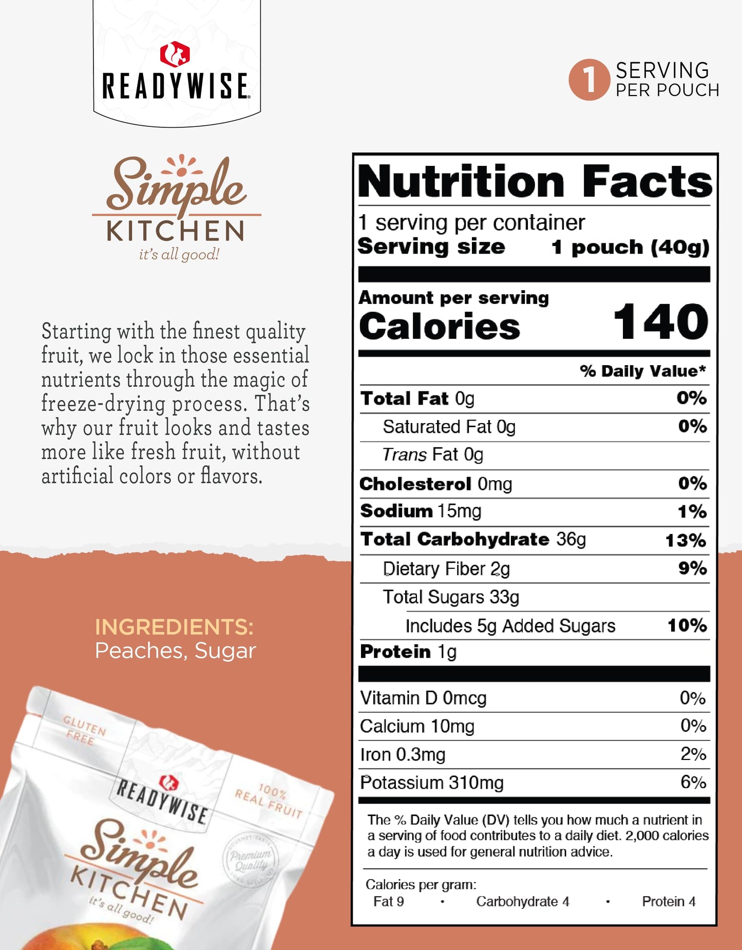 READYWISE - Simple Kitchen, Freeze-Dried Peaches, 1.16 oz, Pack of 6, Vegetarian, Gluten Free, Snacks, Peaches, Dried Fruit, Pre Workout, Healthy Snacks, Camping, Backpacking, Survival Food