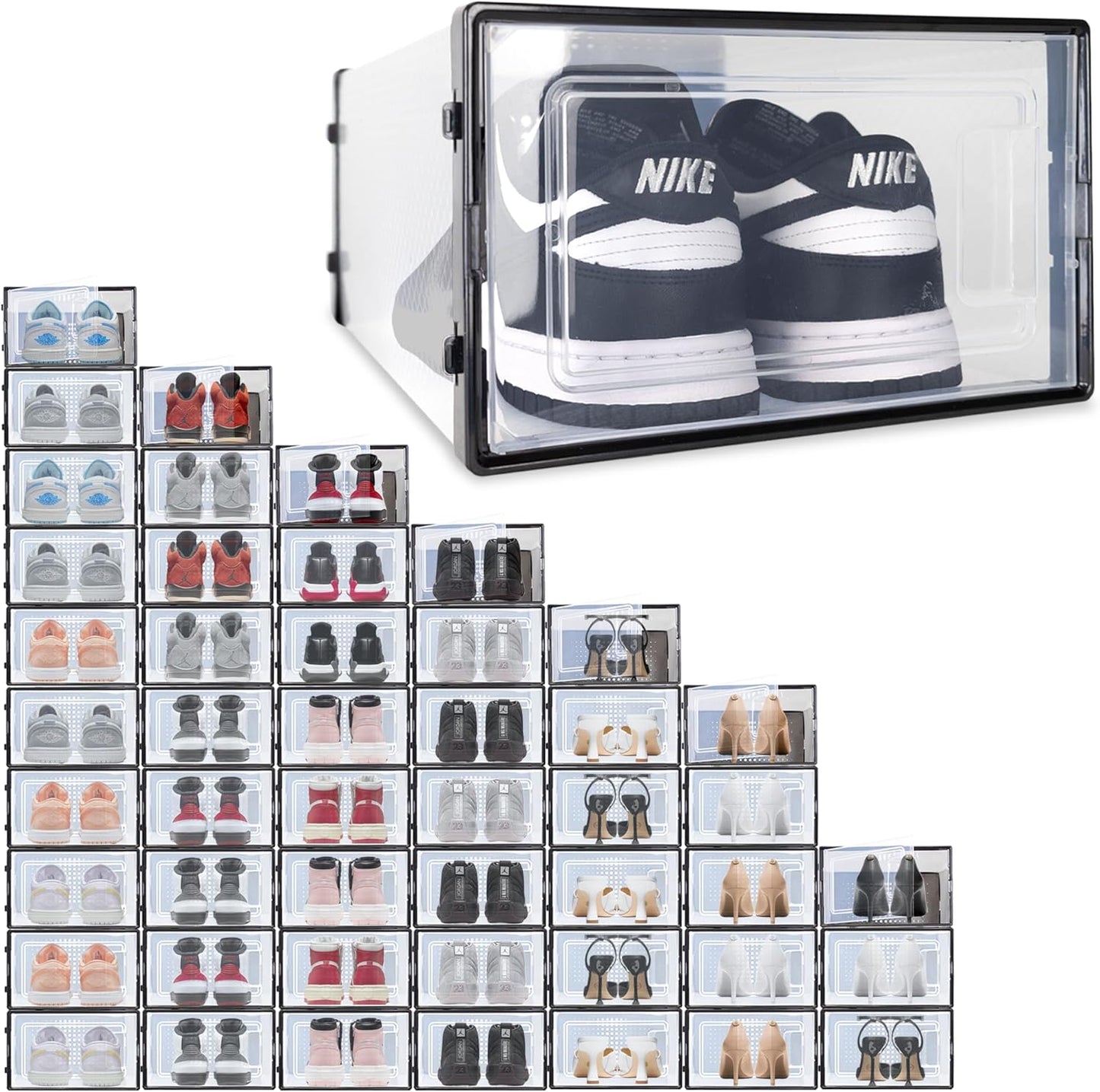 Ollie Drop Front Soft Plastic Shoe Box - Fits Up to Size 9 Mens - Storage Box Organizer, Shoe Organizers and Storage (Black- Medium, Pack of 48)