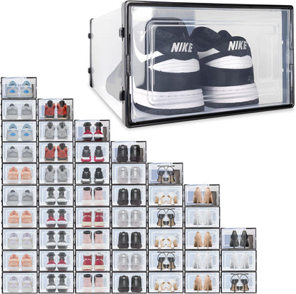 Ollie Drop Front Soft Plastic Shoe Box - Fits Up to Size 9 Mens - Storage Box Organizer, Shoe Organizers and Storage (Black- Medium, Pack of 48)