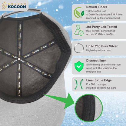 Golden Kocoon®- E.M.F Cap Hat- Bamboo Faraday Fabric Liner- 5.g, Cell Towers, Bluetooth, Smart Meters & WiFi
