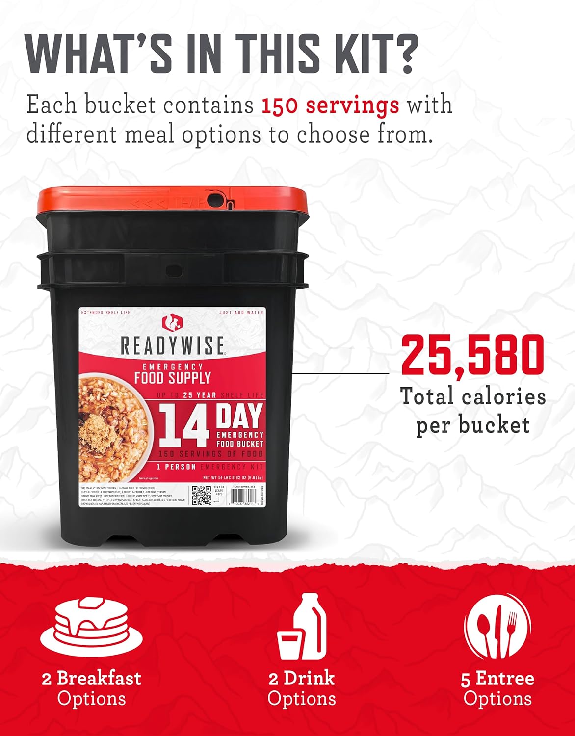 14 Day ReadyWise Emergency Food Supply - 14 Day, 150 Servings Emergency Freeze Dried Food Bucket, Protein Meals, Camping Essentials, Survival Kit, Disaster Prepping Supplies, 25 Year Shelf Life + ReadyWise Emergency Food Supply-88 Servings Meat & Rice…
