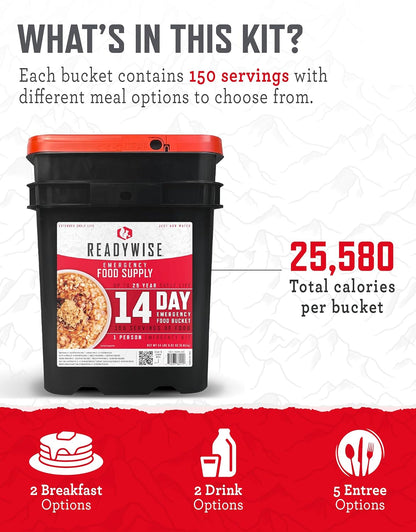 14 Day ReadyWise Emergency Food Supply - 14 Day, 150 Servings Emergency Freeze Dried Food Bucket, Protein Meals, Camping Essentials, Survival Kit, Disaster Prepping Supplies, 25 Year Shelf Life + ReadyWise Emergency Food Supply-88 Servings Meat & Rice…