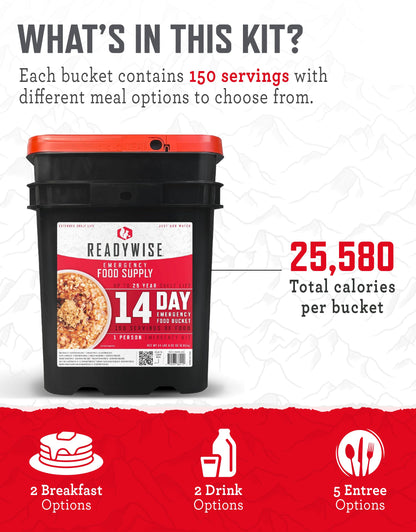 ReadyWise Emergency Food Supply - 14 Day, 150 Servings Emergency Freeze Dried Food Bucket, Protein Meals, Camping Essentials, Survival Kit, Disaster Prepping Supplies, up to 25 Year Shelf Life