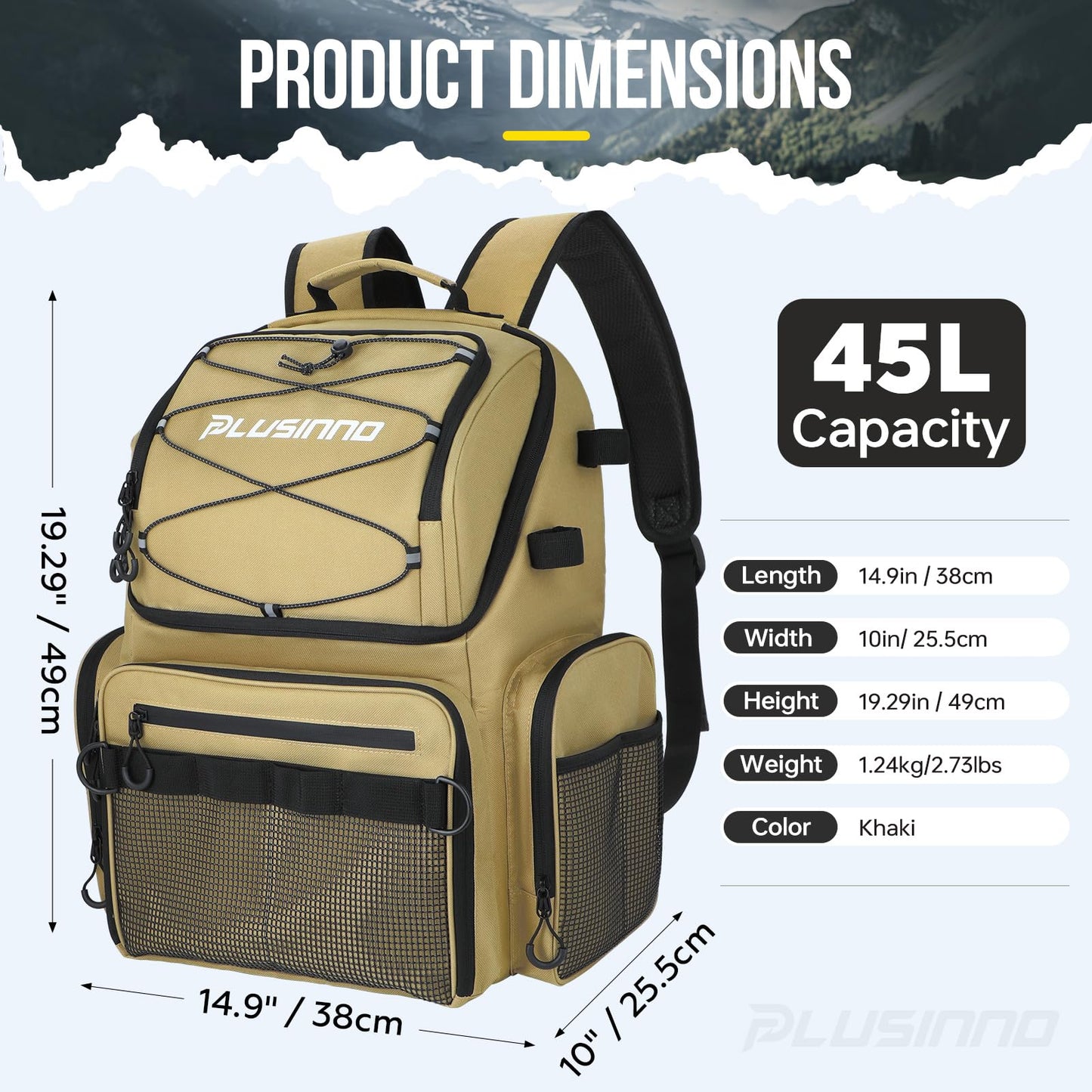 PLUSINNO Cooler Fishing Backpack with Rod Holders 45L Large Water-resistant Fishing Tackle bag Store Fishing Gear Fishing Gifts for Men Father, Sport Bags