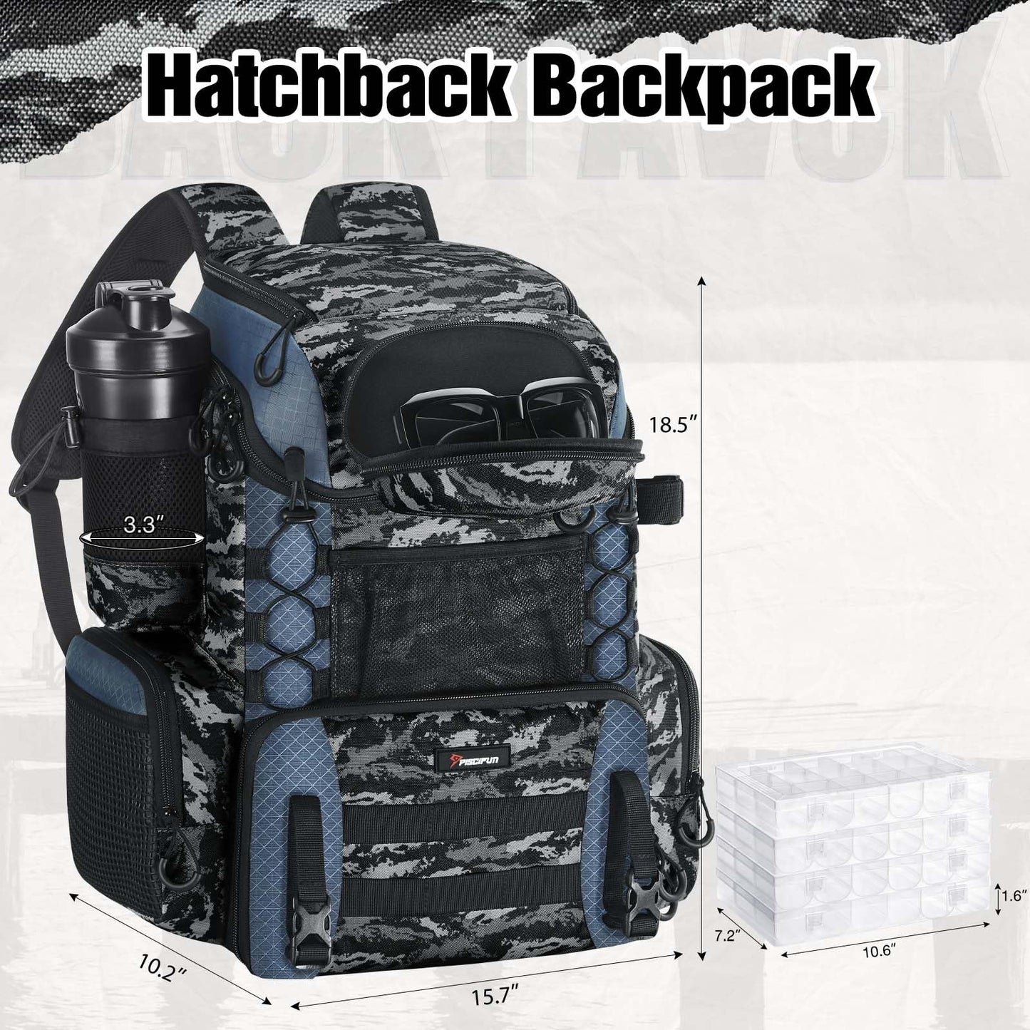 Piscifun Fishing Tackle Backpack with Rod Holders & 4 Tackle Boxes, 42L Outdoor Fishing Bag with Waterproof Rain Cover