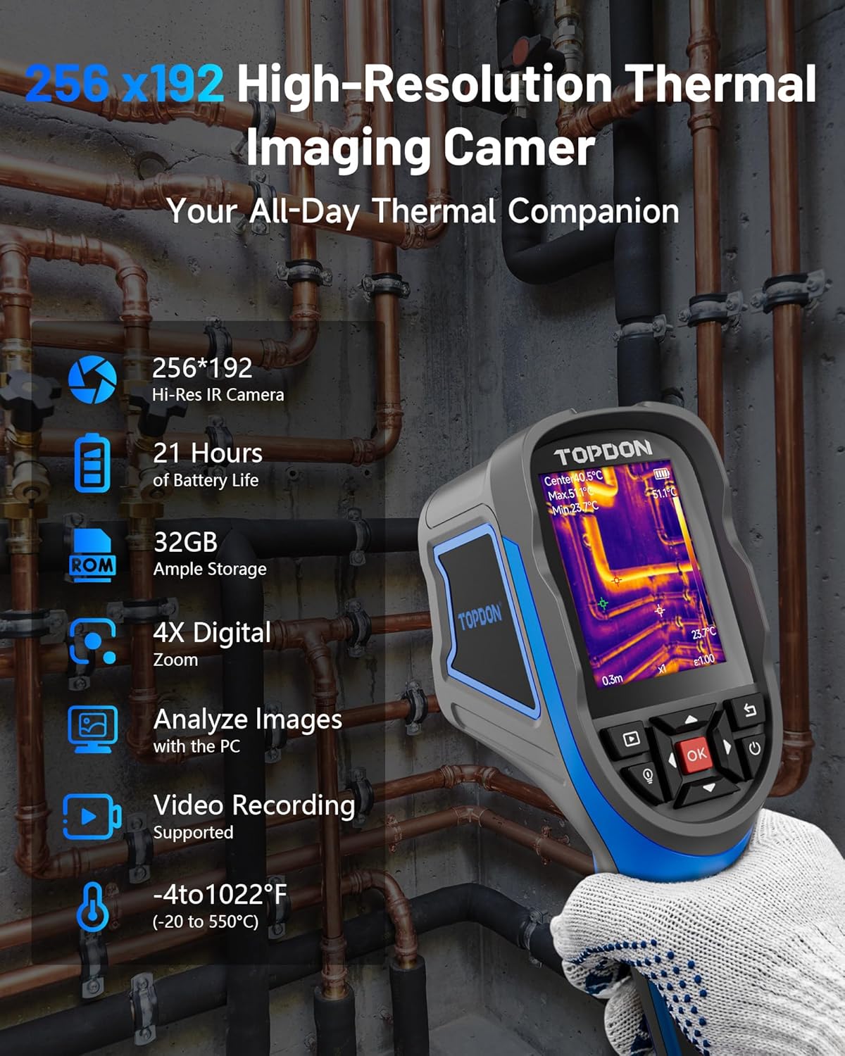 TOPDON TC005 256 x 192 IR High Resolution Dual-Camera Thermal Imaging Camera with 12-Hour Battery Life and 2MP Visual Light Camera, -4°F~1022°F Handheld Infrared Thermal Imager with PC 2D/3D Analysis