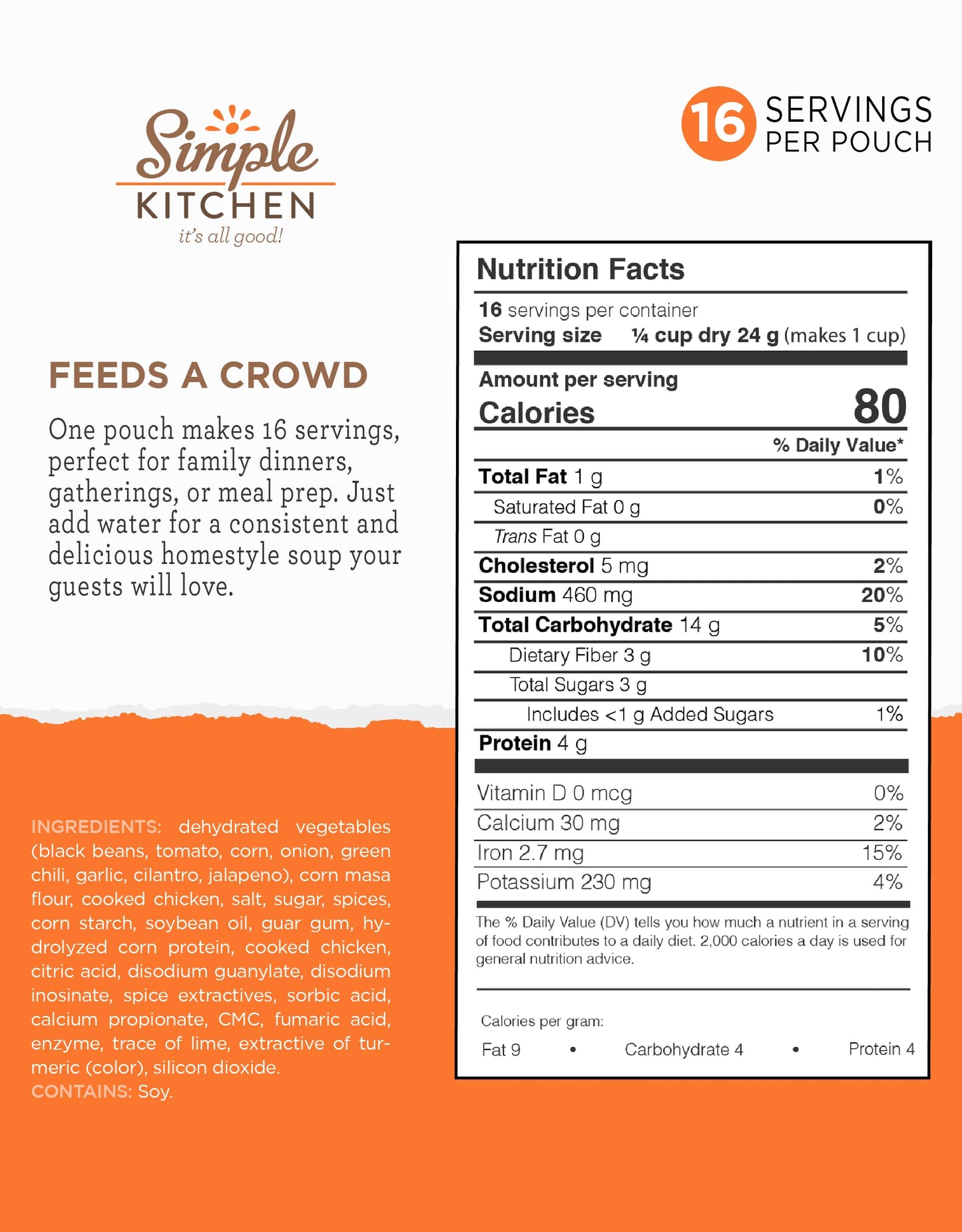 Simple Kitchen Garden Vegetable Soup Mix - 17 Servings for Meal Prep, Gluten Free, Vegetarian, Dehydrated & Freeze Dried Survival Food for Camping Meals, Backpacking & Hiking, Survival Kit, Pack of 4