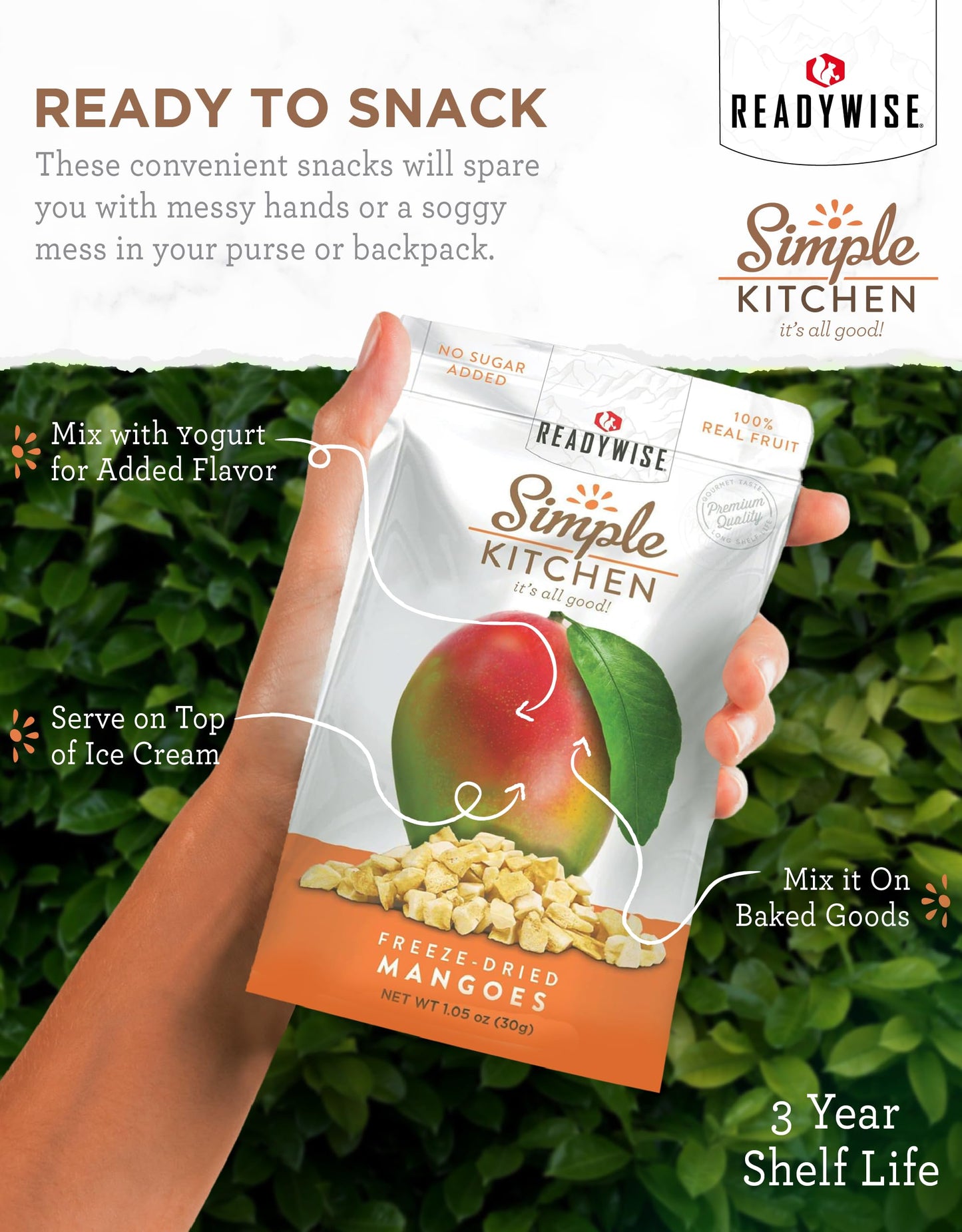 READYWISE - Simple Kitchen, Freeze-Dried Peaches, 1.16 oz, Pack of 6, Vegetarian, Gluten Free, Snacks, Peaches, Dried Fruit, Pre Workout, Healthy Snacks, Camping, Backpacking, Survival Food