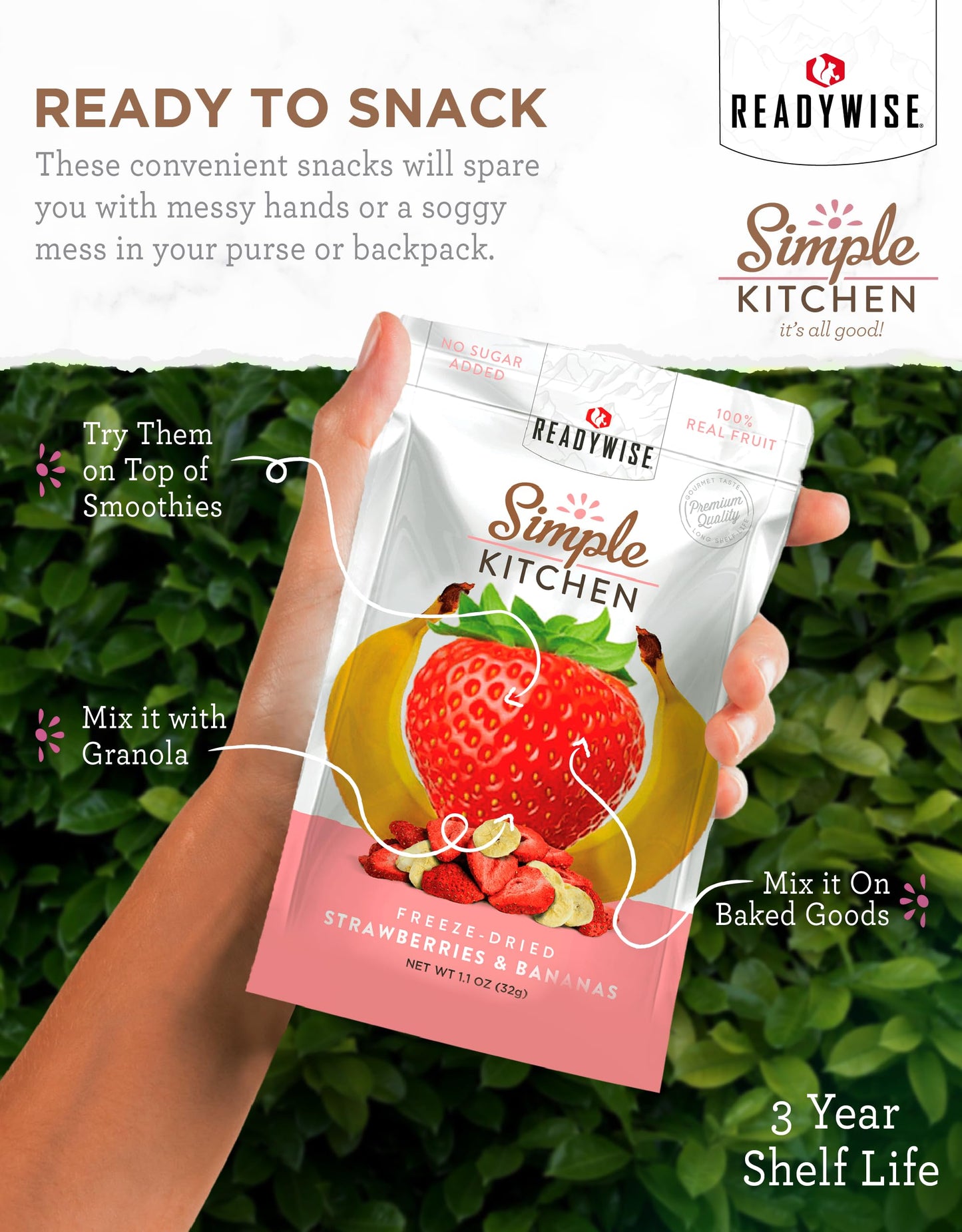 READYWISE - Simple Kitchen, Freeze-Dried Peaches, 1.16 oz, Pack of 6, Vegetarian, Gluten Free, Snacks, Peaches, Dried Fruit, Pre Workout, Healthy Snacks, Camping, Backpacking, Survival Food