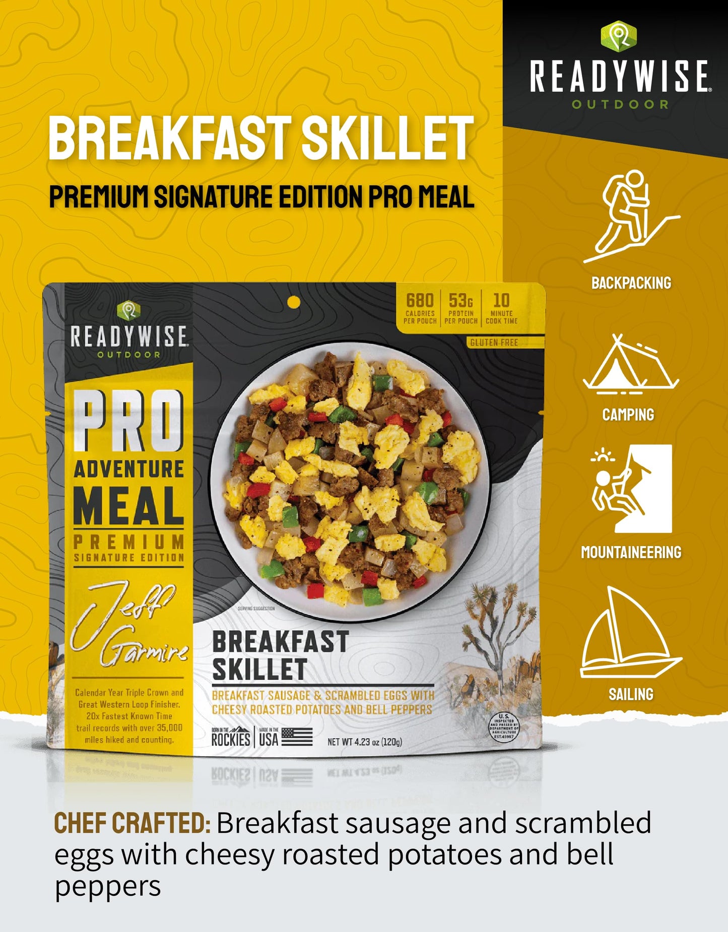 ReadyWise Outdoor Pro Adventure Meal - Breakfast Skillet, 2 Servings, 1 Pouch, Gluten Free, 700 Calories, 36g Protein, Freeze Dried Food & Dehydrated Backpacking Camping Meals, up to 5 Year Shelf Life