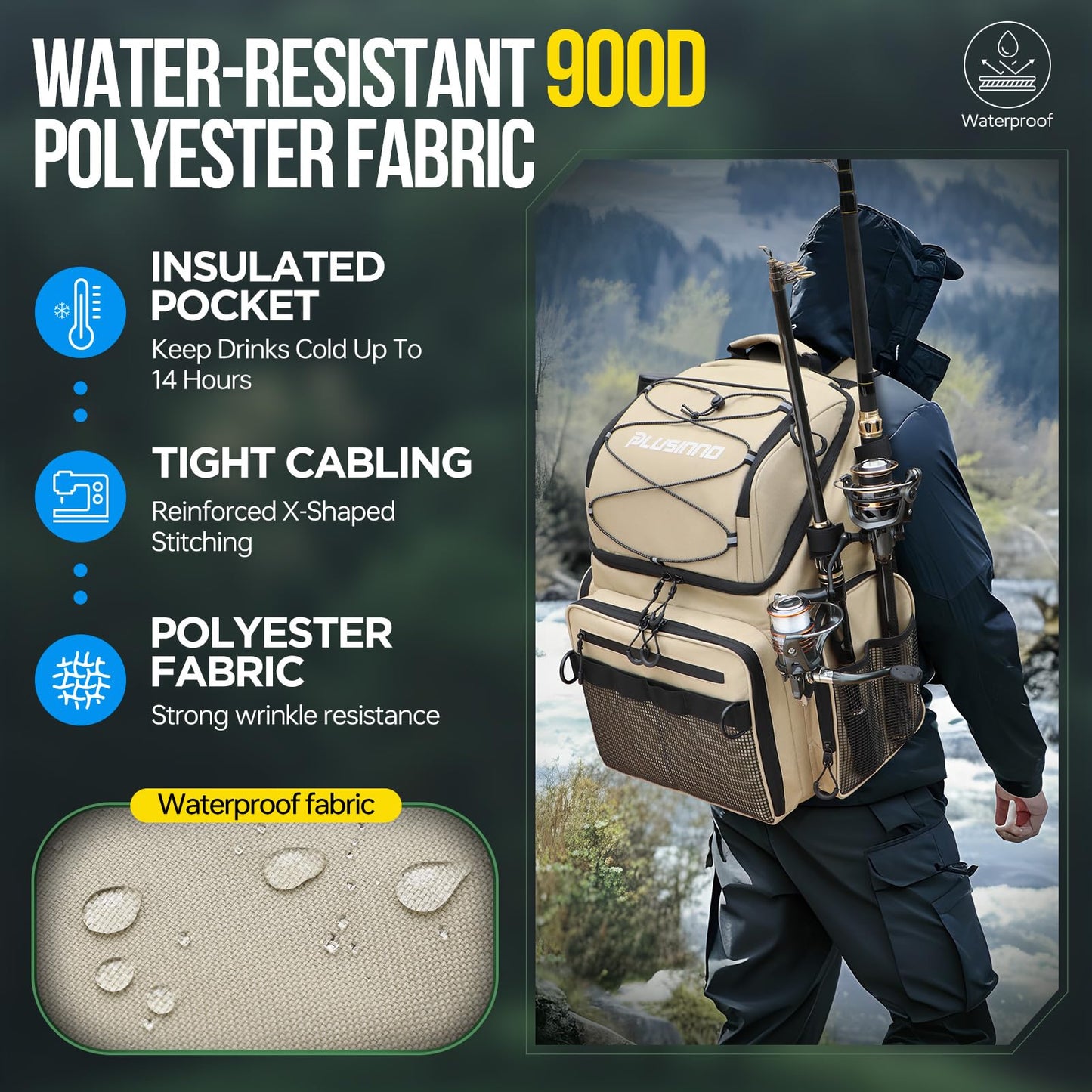 PLUSINNO Cooler Fishing Backpack with Rod Holders 45L Large Water-resistant Fishing Tackle bag Store Fishing Gear Fishing Gifts for Men Father, Sport Bags