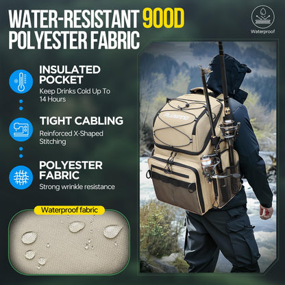 PLUSINNO Cooler Fishing Backpack with Rod Holders 45L Large Water-resistant Fishing Tackle bag Store Fishing Gear Fishing Gifts for Men Father, Sport Bags