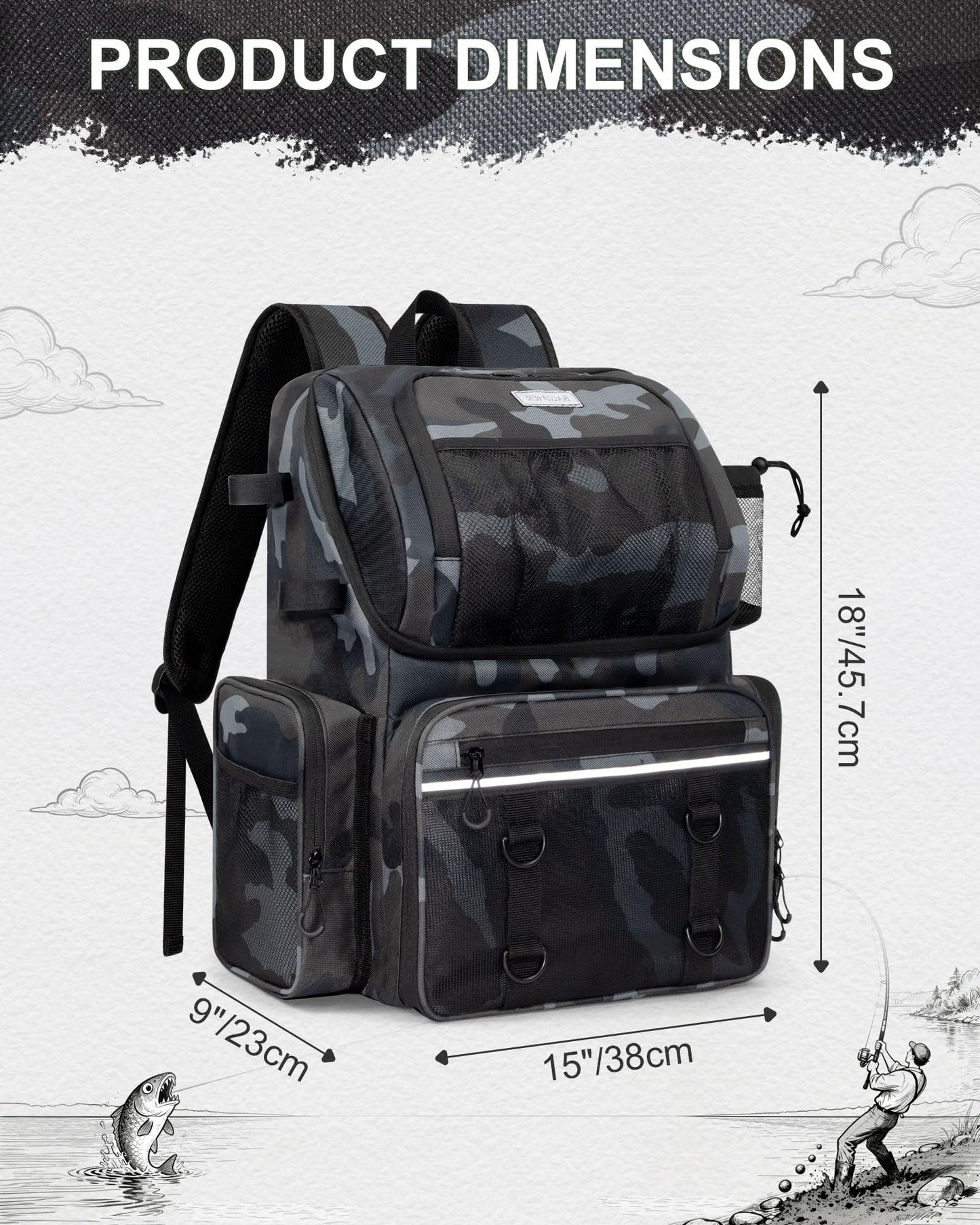 BAVGRED Fishing Backpack, Large Water Resistant Tackle Bag Storage Fishing Gear and Equipment, Built-in Cooler Compartment Grey