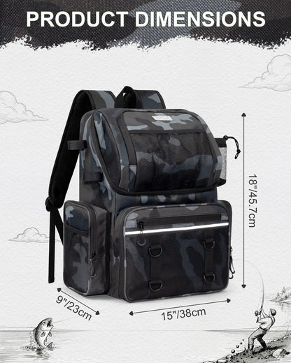 BAVGRED Fishing Backpack, Large Water Resistant Tackle Bag Storage Fishing Gear and Equipment, Built-in Cooler Compartment Grey