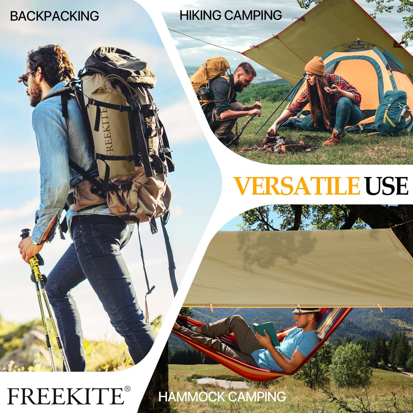 Camping Tarp Tent Portable Multifunctional Bushcraft Backpacking Tear-Resistant Fabric Rain Fly Tarps Awning Shelter Lightweight Waterproof Tarp(10×10 tarp)