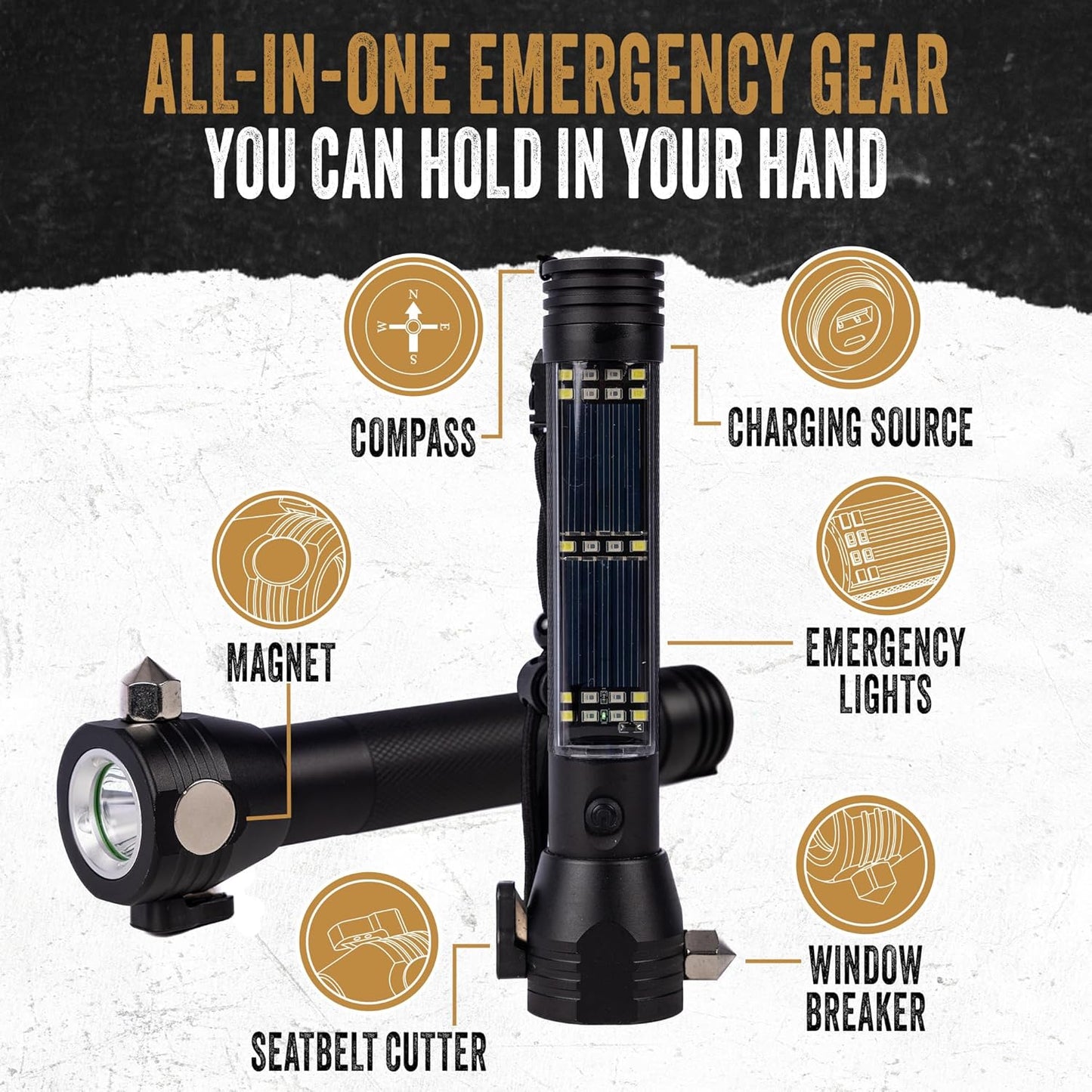 Ready Hour 9-in-1 Multi Function LED Solar Rechargeable Flashlight (4 Pack) | Emergency Car Safety Tool with Power Bank, Window Breaker, Seatbelt Cutter, Compass, Car Accessories, Gift for New Drivers