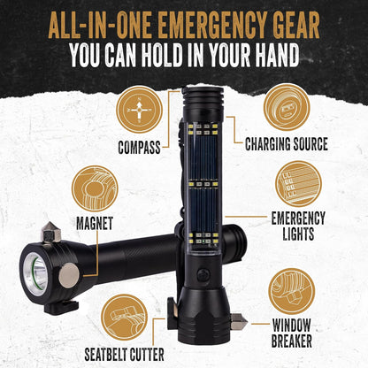 Ready Hour 9-in-1 Multi Function LED Solar Rechargeable Flashlight (4 Pack) | Emergency Car Safety Tool with Power Bank, Window Breaker, Seatbelt Cutter, Compass, Car Accessories, Gift for New Drivers