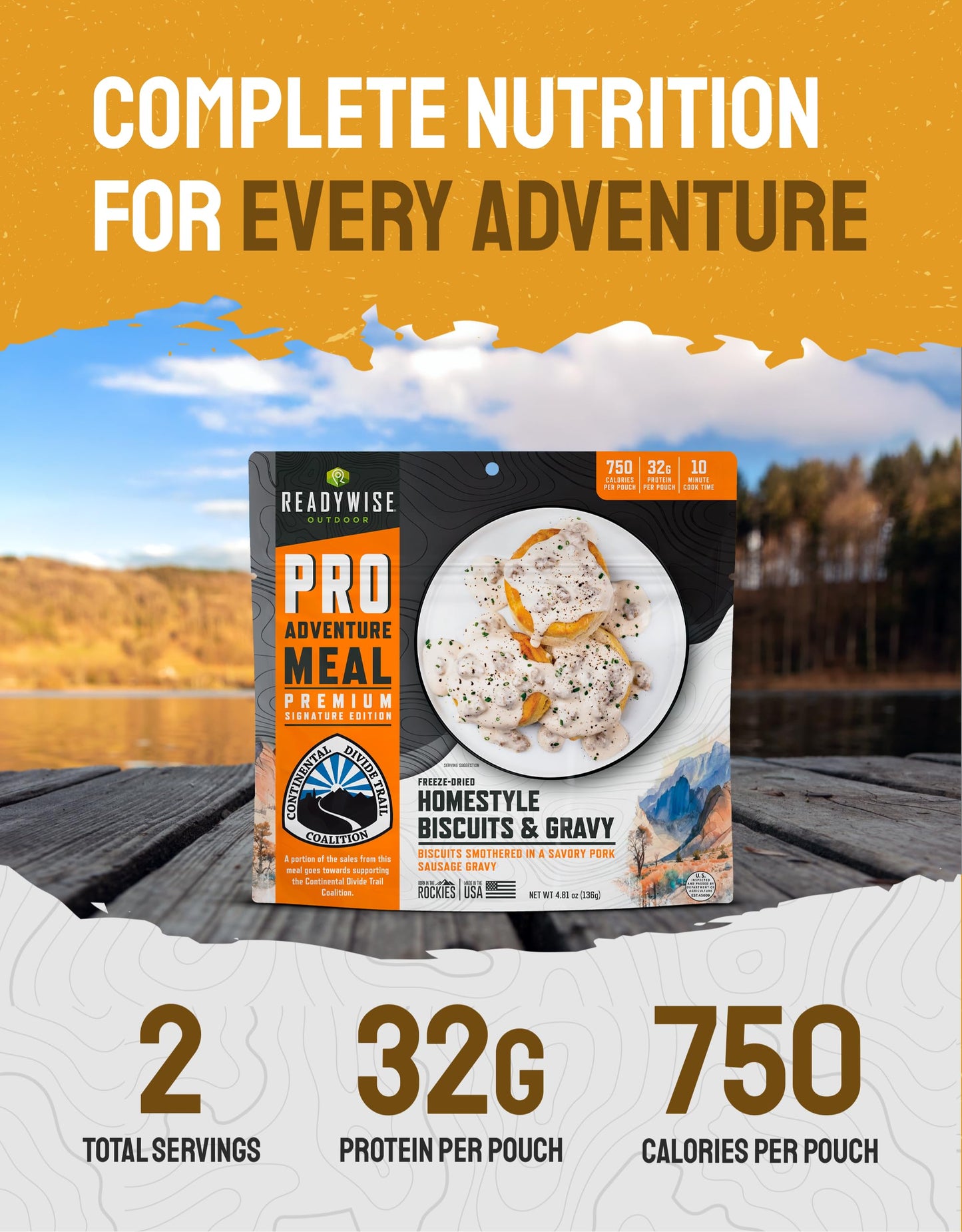 ReadyWise Outdoor Pro Adventure Meal - Country-Style Chicken Pot Pie, 2 Servings, 1 Pouch, 900 Calories, 30g Protein, Freeze Dried Food & Dehydrated Backpacking Camping Meals, up to 5 Year Shelf Life